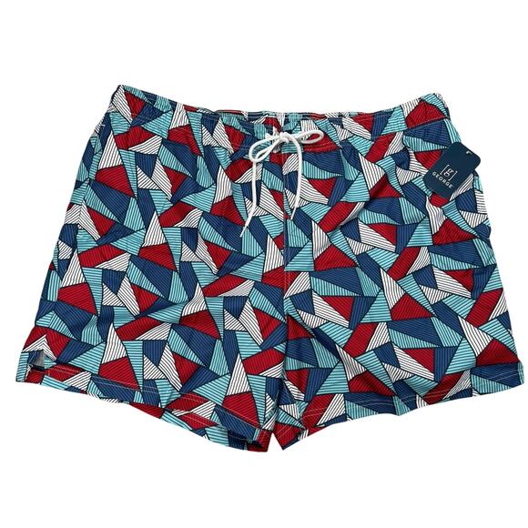 Shark Triangle Print Swim Trunks Men 2XL 44-46 Above The Knee 6" Inseam Blue Red - Picture 1 of 11